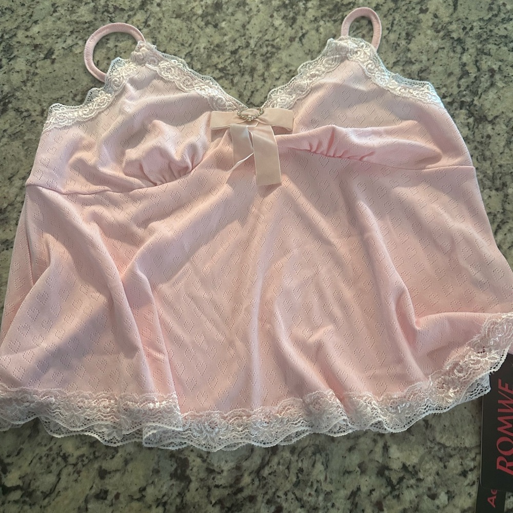 ROMWE Pink Lace Trim Cami Top/Tank